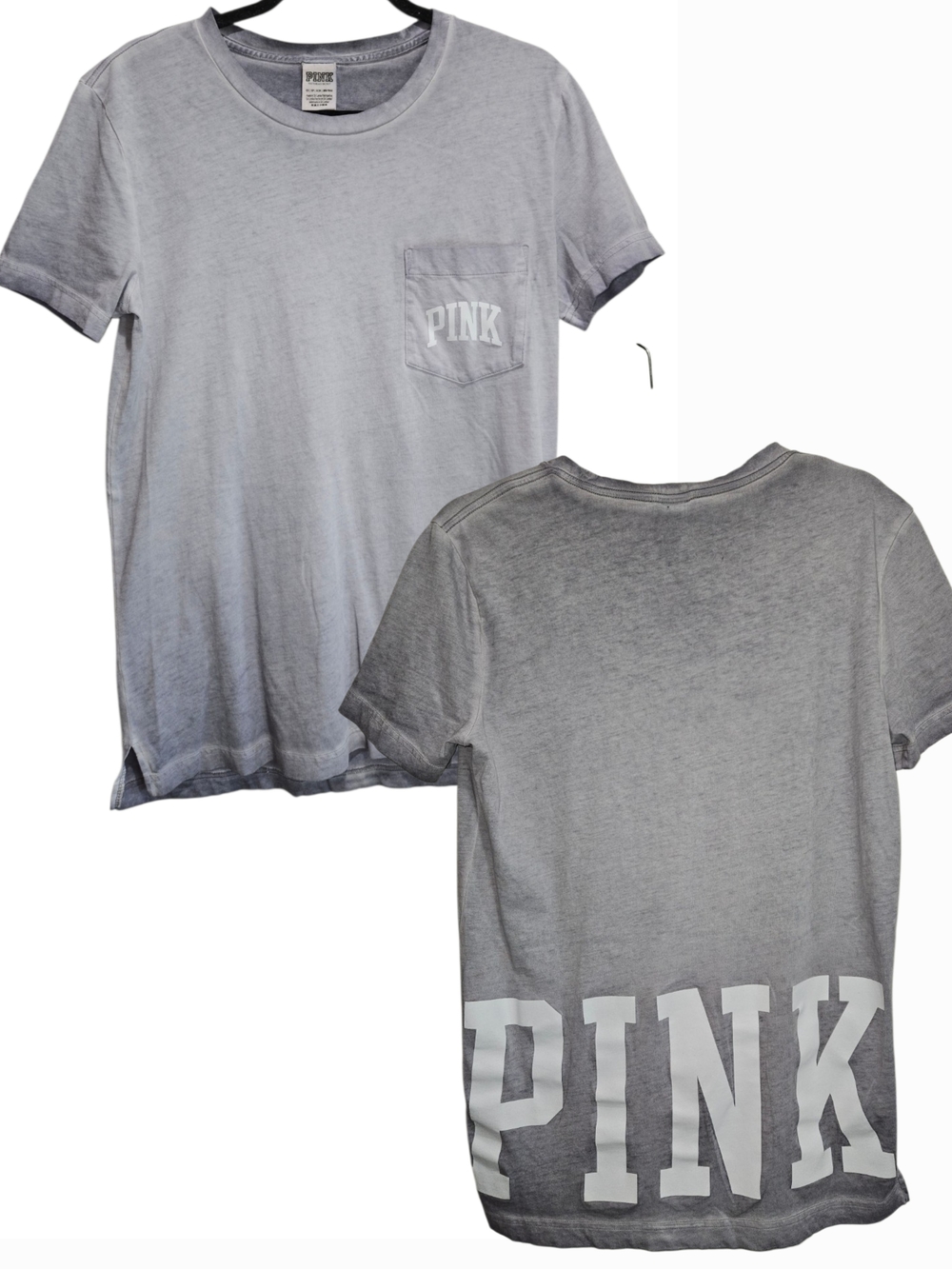 PINK Victoria's Secret Pocket Tee Gray Fade White Spellout Womens XS Extra Small